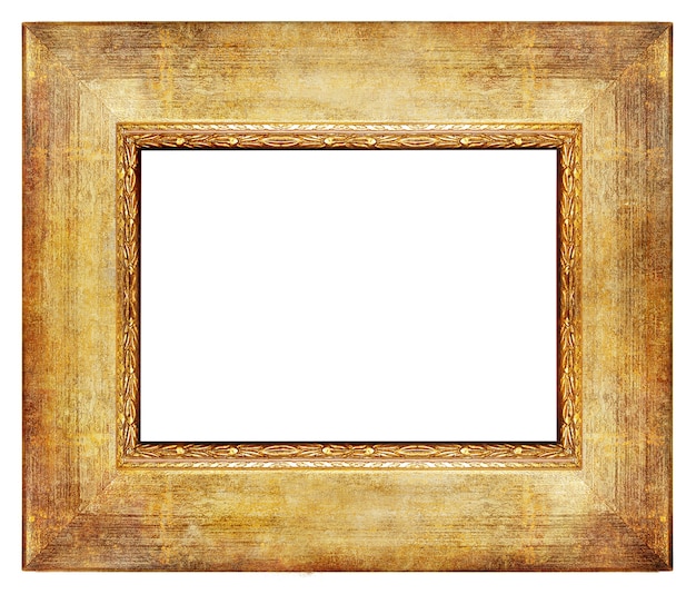 Vintage houten leeg frame met gouden randen geïsoleerd op wit