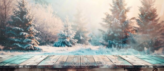 Foto vintage houten tafel voor een vervaagde wintervakantie achtergrond