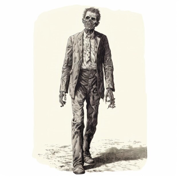 Vintage houtsnede van Zombie in pak op witte achtergrond