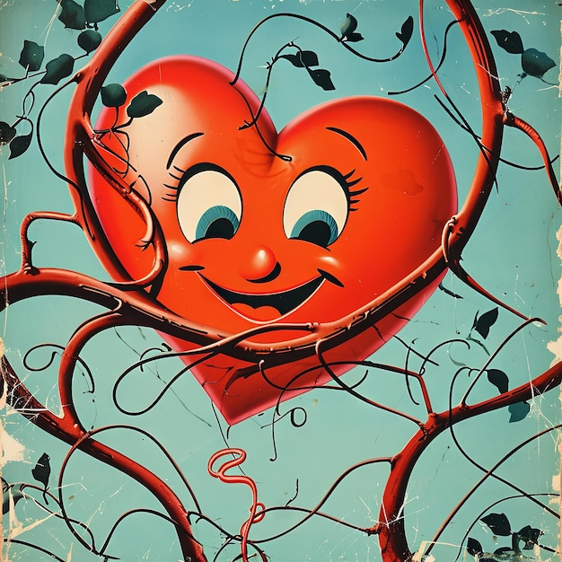 Foto vintage illustratie van een valentijnsdag hart grillig verstrikt in een cartoon wijnstok van liefde een personage rechtstreeks uit een hartverwarmend geanimeerd verhaal v 6 job id 55576b59eca9454f90433eac1314d604