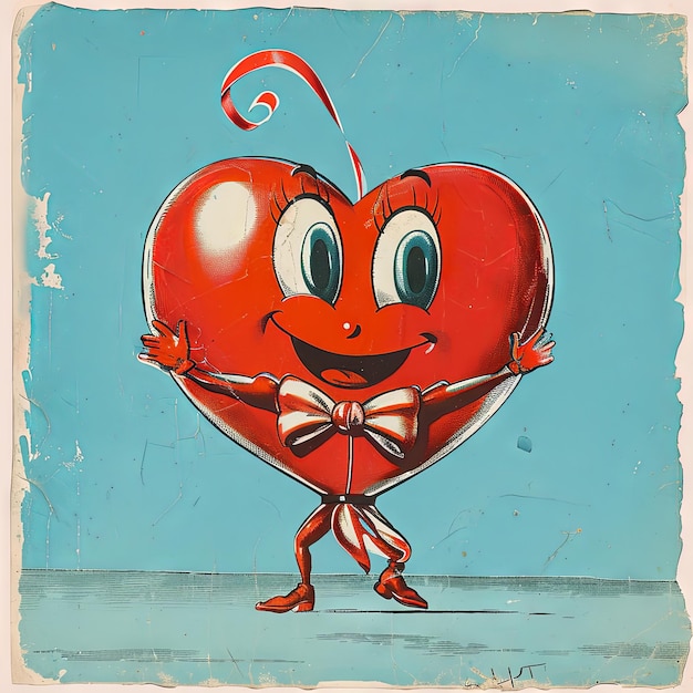 Vintage illustratie van een Valentijnsdag hart speels gewikkeld in een strik gemaakt van strip confetti een charmant geanimeerd personage klaar voor liefde v 6 Job ID 5a343ace47e04f0fa1667f56bc3359bc