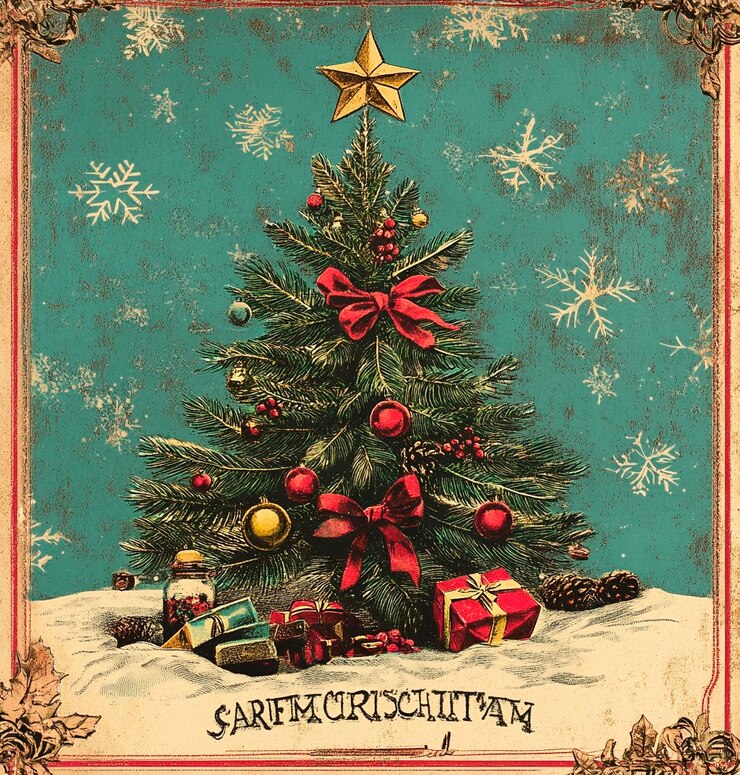 Photo vintage illustration of a christmas tree with gifts and decorations