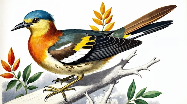 vintage illustration of a colorful bird perched on a branch