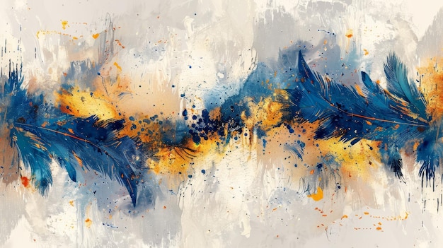 Винтажная иллюстрация перья голубого золота штрихи кистью текстурированный фон масло на холсте современное искусство серые обои плакат карты фреска печать на стене искусство