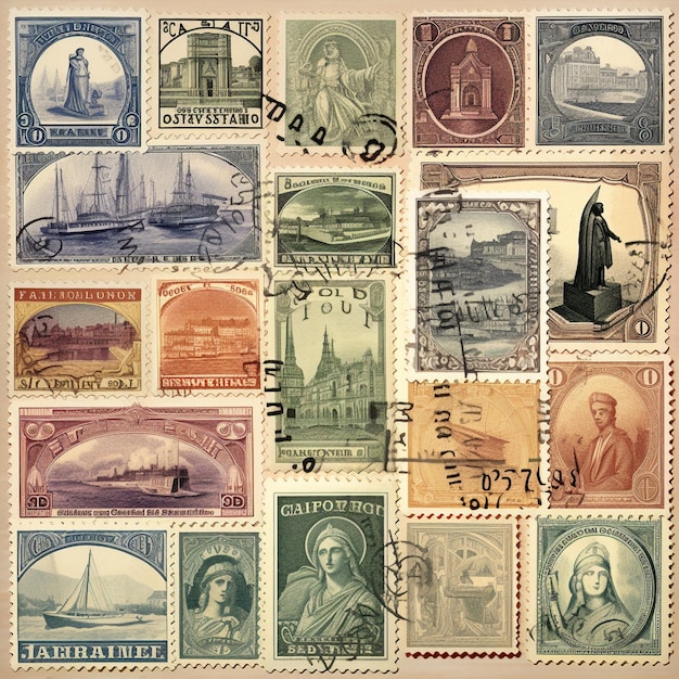 写真 希少で歴史的な収集価値のある切手のコレクションをフィーチャーしたヴィンテージのイラスト