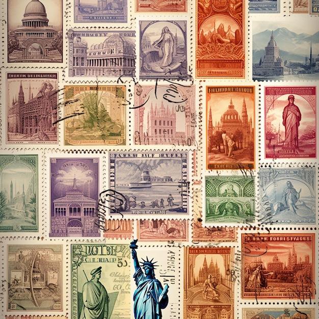 Vintage illustration featuring a collection of rare and historical collectible stamps