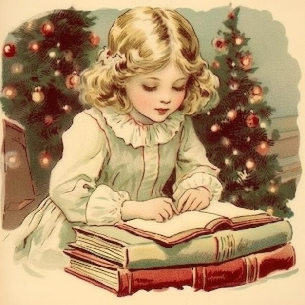 a vintage illustration of a girl reading a book by a christmas tree.