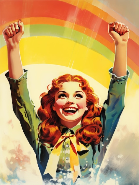 Vintage illustration of a girl with a rainbow on background