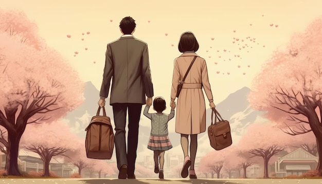 Винтажная иллюстрация японской семьи на фоне вишневых цветов