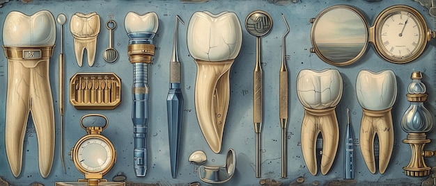 사진 치과 도구의 빈티지 일러스트레이션으로 치과 드릴 거울 혀 압축기 및 치과