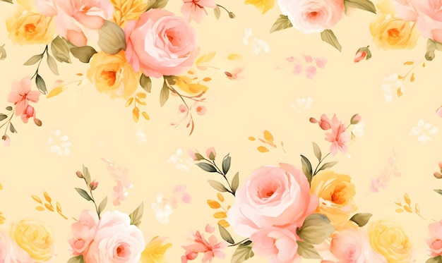 黄色い背景のピンクの水彩のバラのヴィンテージイラスト