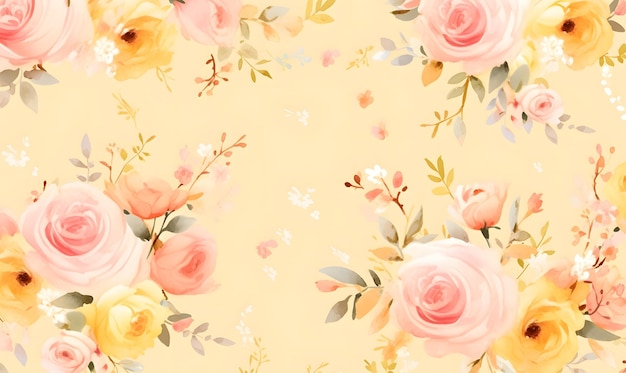 Vintage illustration of pink watercolor roses on yellow background