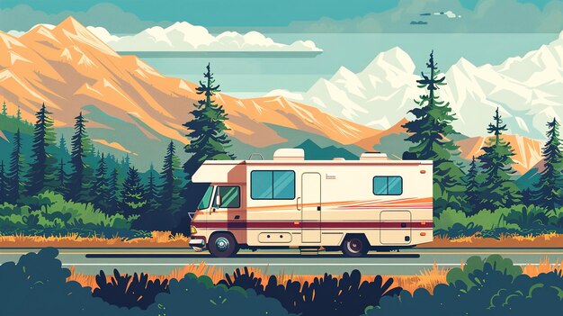 背景に山があるRVのヴィンテージイラスト