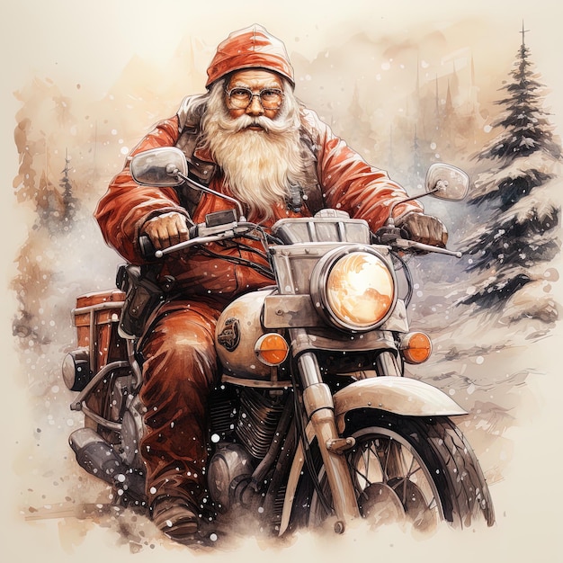 Vintage illustration of Santa Claus delivering gifts on a motorcycle Generative AI