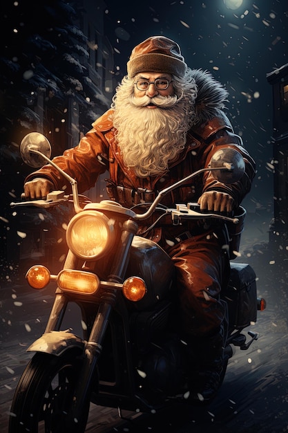 Vintage illustration of Santa Claus delivering gifts on a motorcycle Generative AI