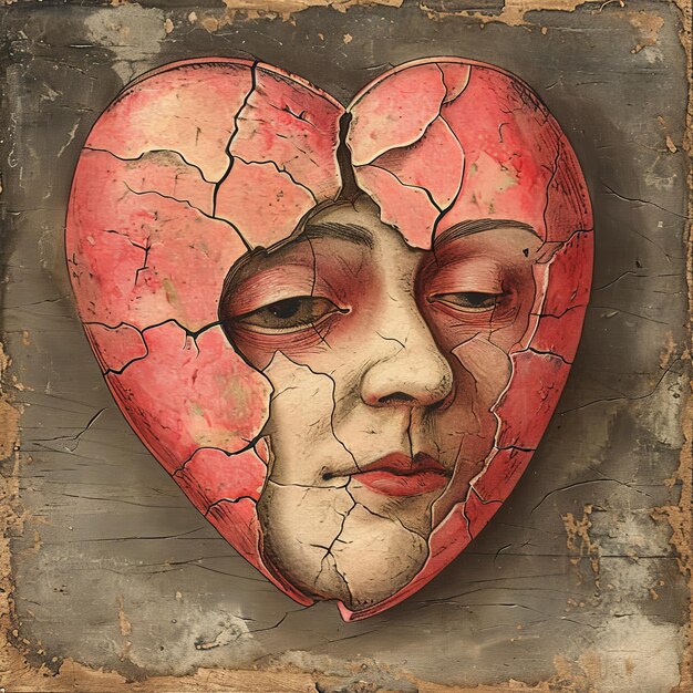 Vintage illustration of a Valentines Day broken heart as if it were a weathered theater mask revealing the tragedy of heartache beneath the faded veneer v 6 Job ID 8912e743383e4e93b41bdb93822caf0b