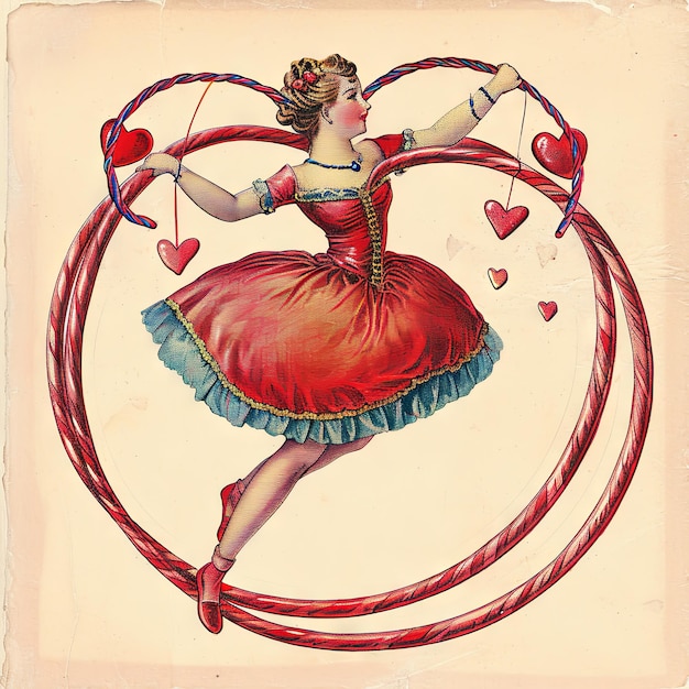 Photo vintage illustration of a valentines day heart animatedly hula hooping with lovethemed hoops a carefree and whimsical dance through the pages of time v 6 job id aa9e7ae5976d4873b3abb97b0ae397e3