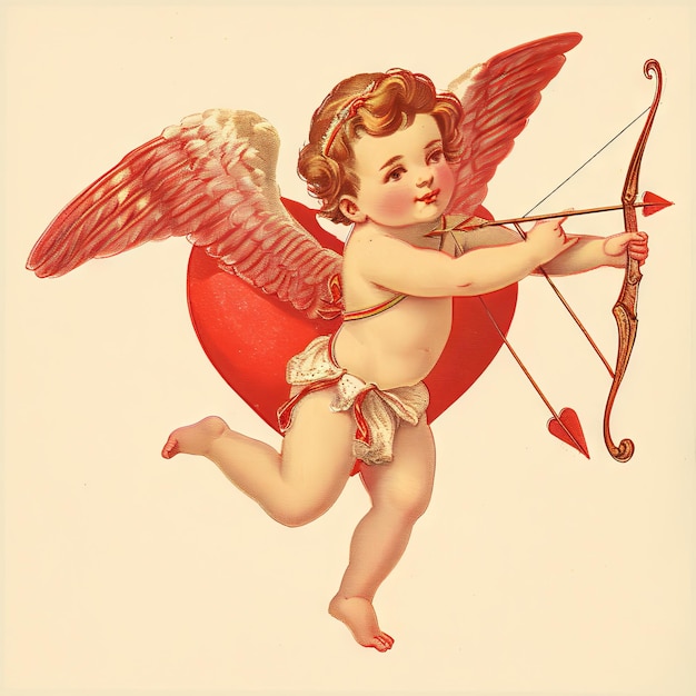 Photo vintage illustration of a valentines day heart animatedly shooting heartshaped arrows with a cupids bow a whimsical cupid cartoon frozen in time v 6 job id 7759a48fa1c645c9a2040bce1312ba7a