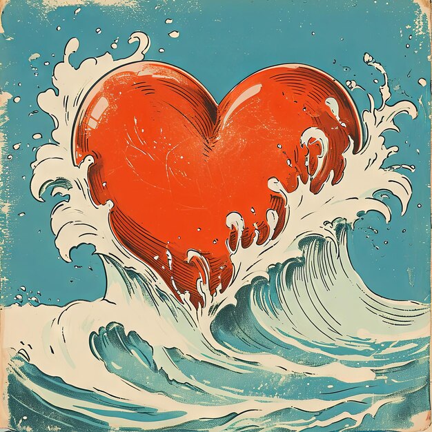 Vintage illustration of a Valentines Day heart animatedly surfing on a wave of love a carefree and whimsical cartoon catching the love tide v 6 Job ID 0c8466ac49e64d27b66102106094356b