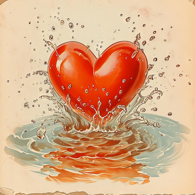 Винтажная иллюстрация сердца ко Дню святого Валентина, мультяшно плещущегося в луже романтических чувств, игривое погружение в глубины любви v 6 ID вакансии 5e9383a52569493681c4b505a72346da