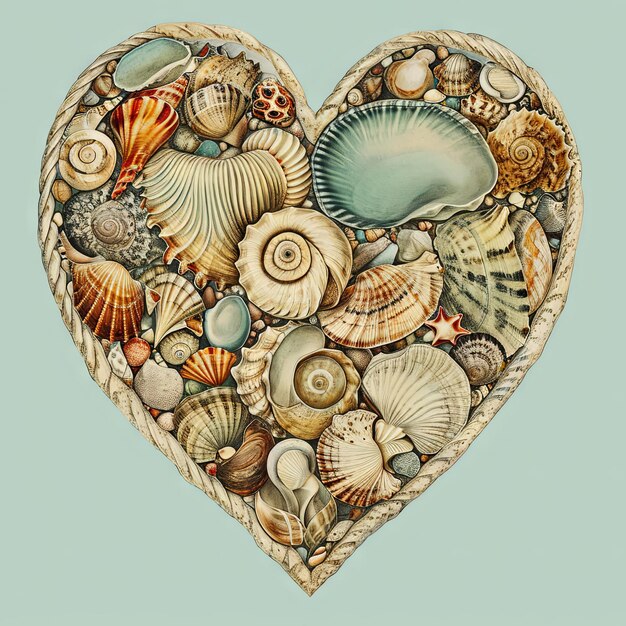 Vintage illustration of a Valentines Day heart composed of seafoam and seashells a coastal collage crafted by the rhythm of the oceans heartbeat v 6 Job ID 04698b82e5c34b4fae6b022c1d9685d3