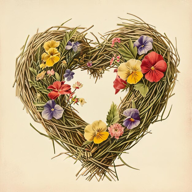 Photo vintage illustration of a valentines day heart crafted from woven blades of grass and wildflowers a pastoral symbol of loves simple beauty v 6 job id e413b8f5d19240609c9c0d60e84e1bd3