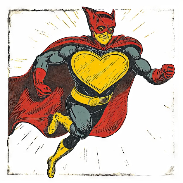 Vintage illustration of a Valentines Day heart donning a superhero cape and mask a dynamic cartoon character ready to conquer the world with love v 6 Job ID 467c3f28aaab4d28ad610bd034d31fdc