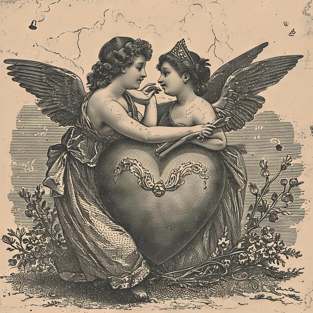 Vintage illustration of a Valentines Day heart engraved with cupids arrow capturing the fleeting moment when love strikes frozen in an antique tableau v 6 Job ID a1770d350b414b98813aa6928e34a566