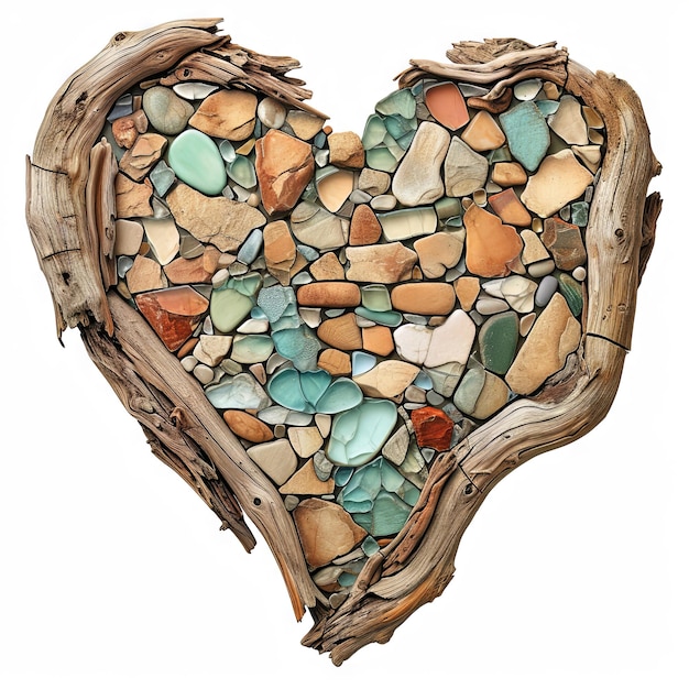 Vintage illustration of a Valentines Day heart formed by driftwood and seaglass a coastal mosaic kissed by the saltladen whispers of the sea v 6 Job ID a88ced67d84c46719e7bd7d6ee6d184e