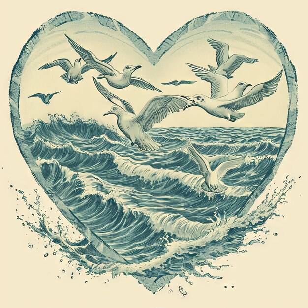 Vintage illustration of a Valentines Day heart formed by the intermingling patterns of ocean waves and seagulls in flight a coastal symphony of love v 6 Job ID 29ed8e928fb846bd82042c48bd57298c