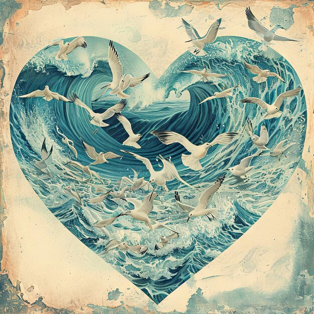 Vintage illustration of a Valentines Day heart formed by the intermingling patterns of ocean waves and seagulls in flight a coastal symphony of love v 6 Job ID 29ed8e928fb846bd82042c48bd57298c