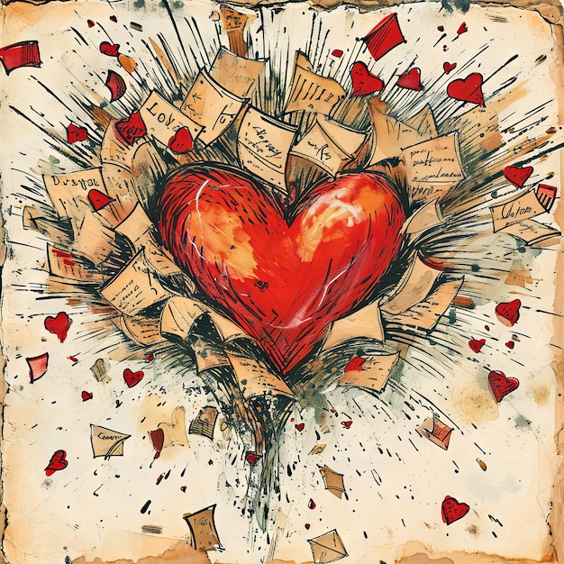 Vintage illustration of a Valentines Day heart playfully tangled in a burst of cartoonish love letters a charmingly chaotic explosion of affection v 6 Job ID 688c22a181e4453b92a9aaae4e253264