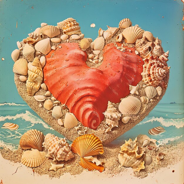 Foto illustrazione vintage di un cuore di san valentino scolpito con granelli di sabbia e conchiglie di mare un capolavoro costiero spazzato a riva dalle maree dell'affetto v 6 job id 49805ff5cd214e86b82d0da3e62ca89f