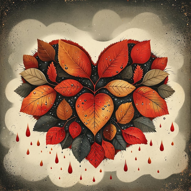 Vintage illustration of a Valentines Day heart shaped by the rhythmic patter of raindrops on autumn leaves a melodic dance of love beneath the grey clouds v 6 Job ID a4f7c836b82c4e3e9470d2f27a4ee627