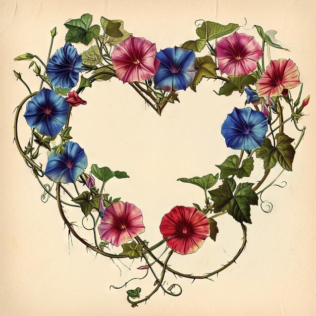 Photo vintage illustration of a valentines day heart shaped by the tendrils of morning glory vines a floral embrace that awakens with the dawn of love v 6 job id ce9647bc884a48309e51f1348cc08651