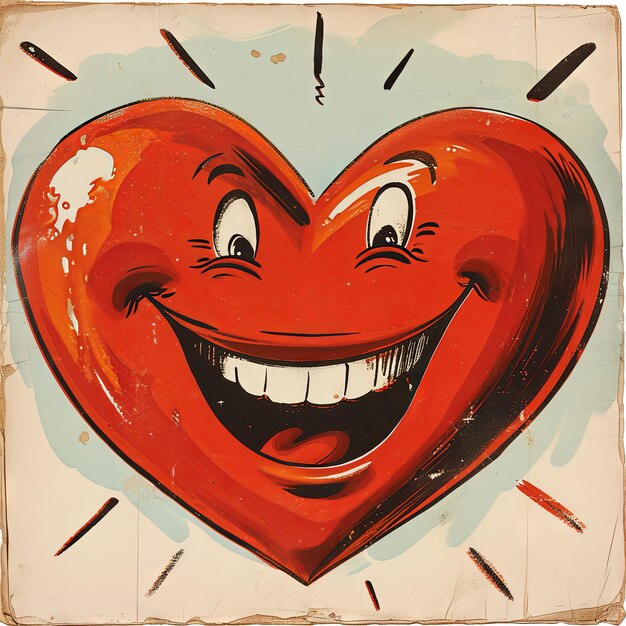 Photo vintage illustration of a valentines day heart with a comically oversized smile radiating joy in a cartoonish celebration of affection v 6 job id 57731cbba4bf4c868ad7720f8668c129