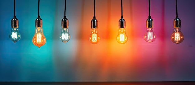 The vintage incandescent Edison type bulbs add a unique touch to the colorful wall representing