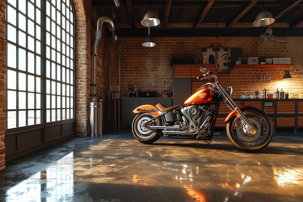 Vintage Industrial Garage with Classic Motorcycle