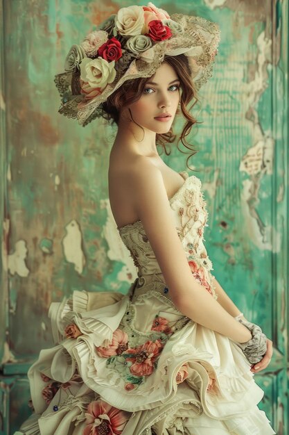 Vintage Inspired Elegance Young Woman in a Romantic Floral Dress with Classic Hat Against a Rustic