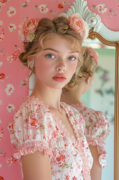 Vintage Inspired Portrait of Young Woman with Floral Hair Accessories and Pastel Background