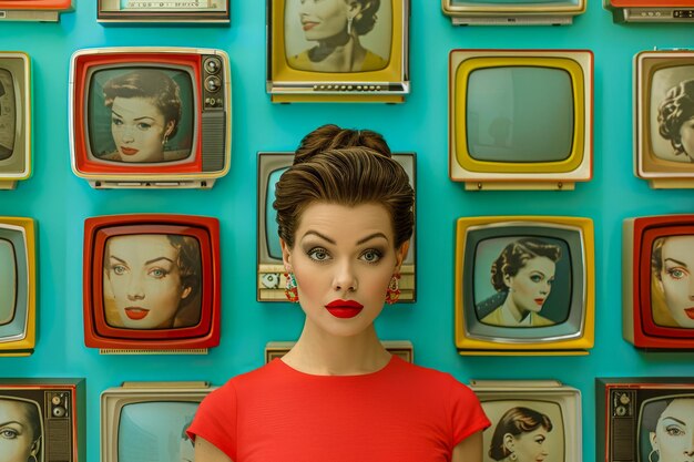 Vintage Inspired Portrait of a Young Woman with Retro Televisions and Classic Celebrity Images in