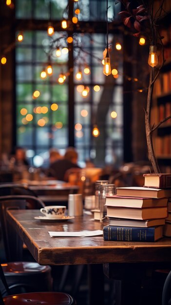 Foto vintage interieur van boekwinkel met houten tafel en boeken