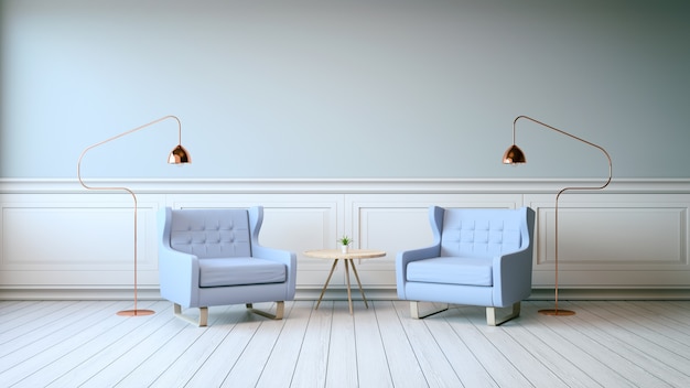 Vintage interior design ,blue armchairs on white flooring and gray wall , 3d render