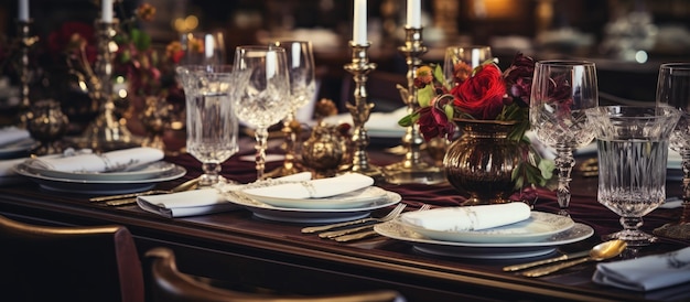 Photo vintage interior design for restaurant table setting with elegant cutlery and glassware