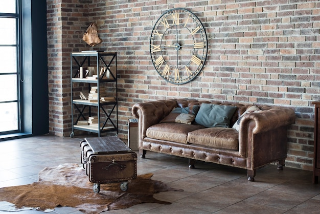 Vintage interior with leather sofa