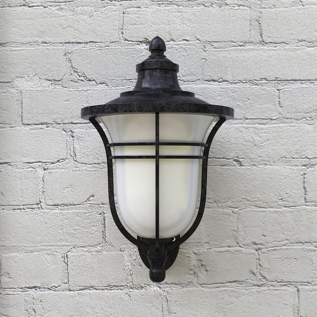 Photo vintage iron lantern light on brick stone wall extreme closeup. 3d rendering