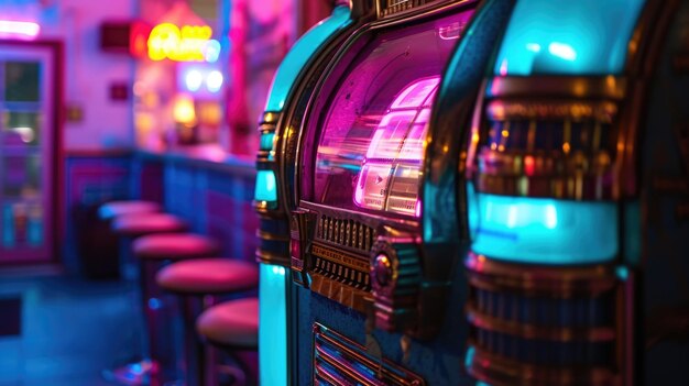 Photo a vintage jukebox glowing with purple and blue neon lights playing oldies tunes