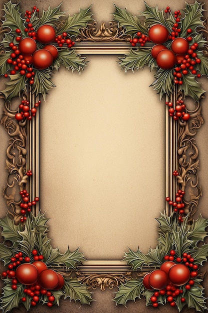 Foto vintage kerstframe met rode ornamenten en holly