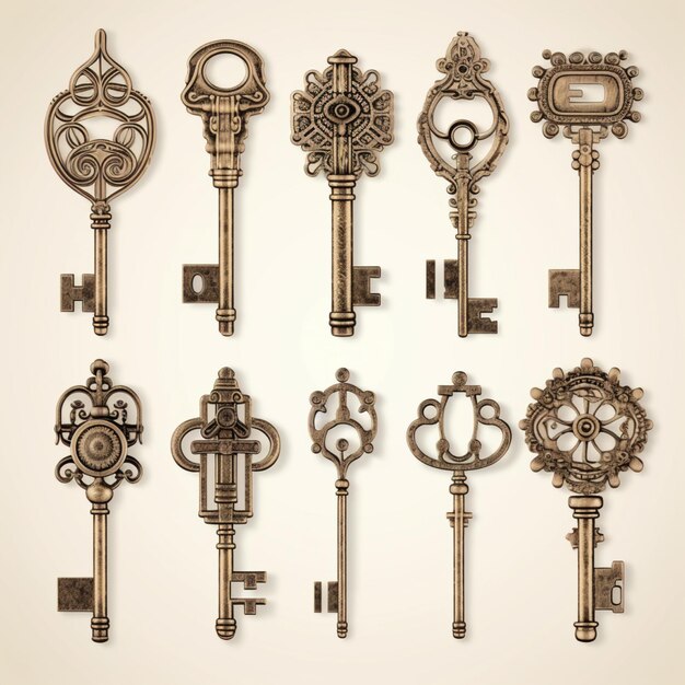 Photo vintage keys collection isolated on white background high quality illustration