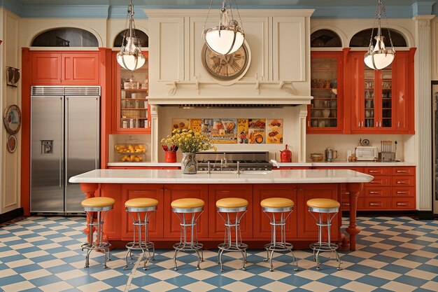 Photo vintage kitchen midcentury modern design characterized by clean lines and iconic shapes bright color